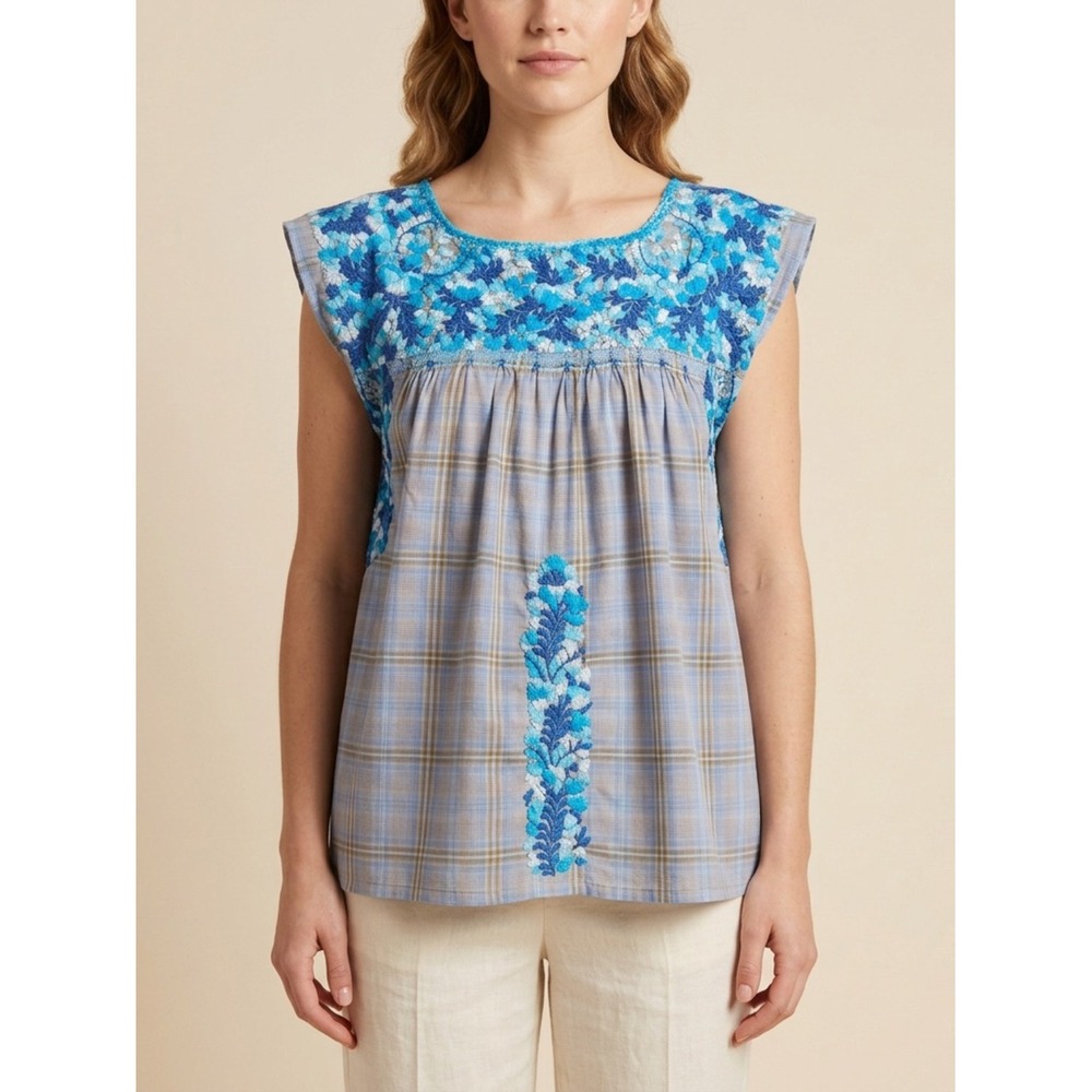 Mi Golondrina Blue Plaid Embroidered Floral Boho Cotton Blouse, Medium